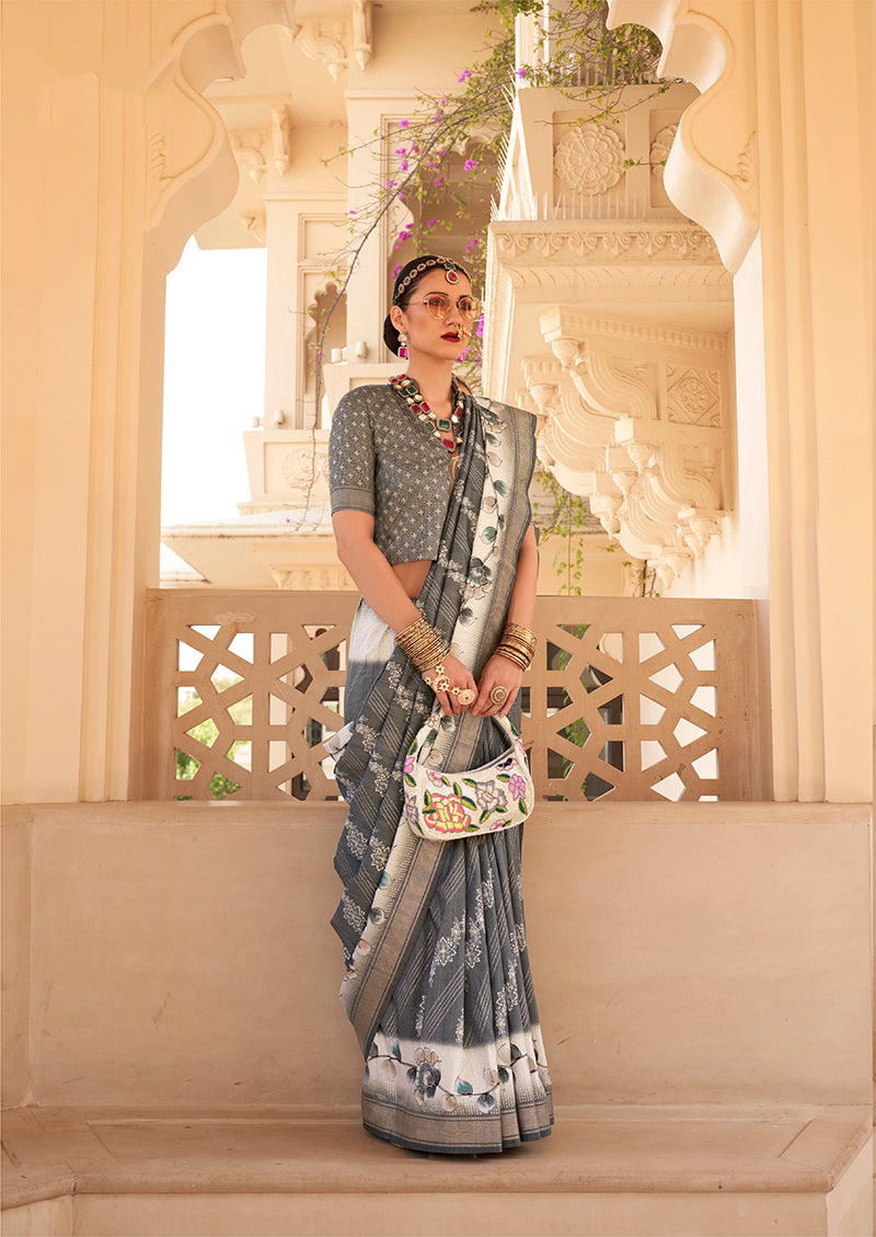 Monjolika Fashion Silk Foil Print Grey Contemporary Saree
