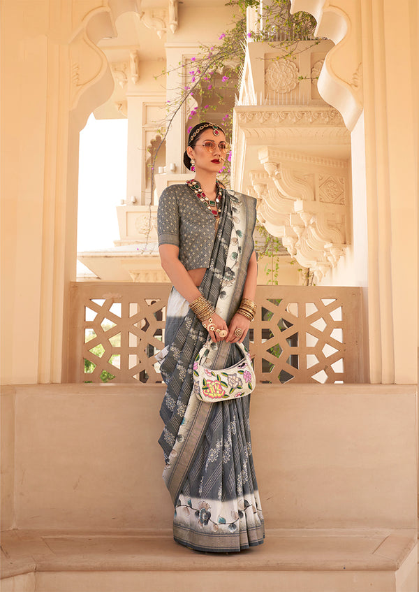 Monjolika Fashion Silk Foil Print Grey Contemporary Saree