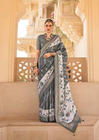 Monjolika Fashion Silk Foil Print Grey Contemporary Saree