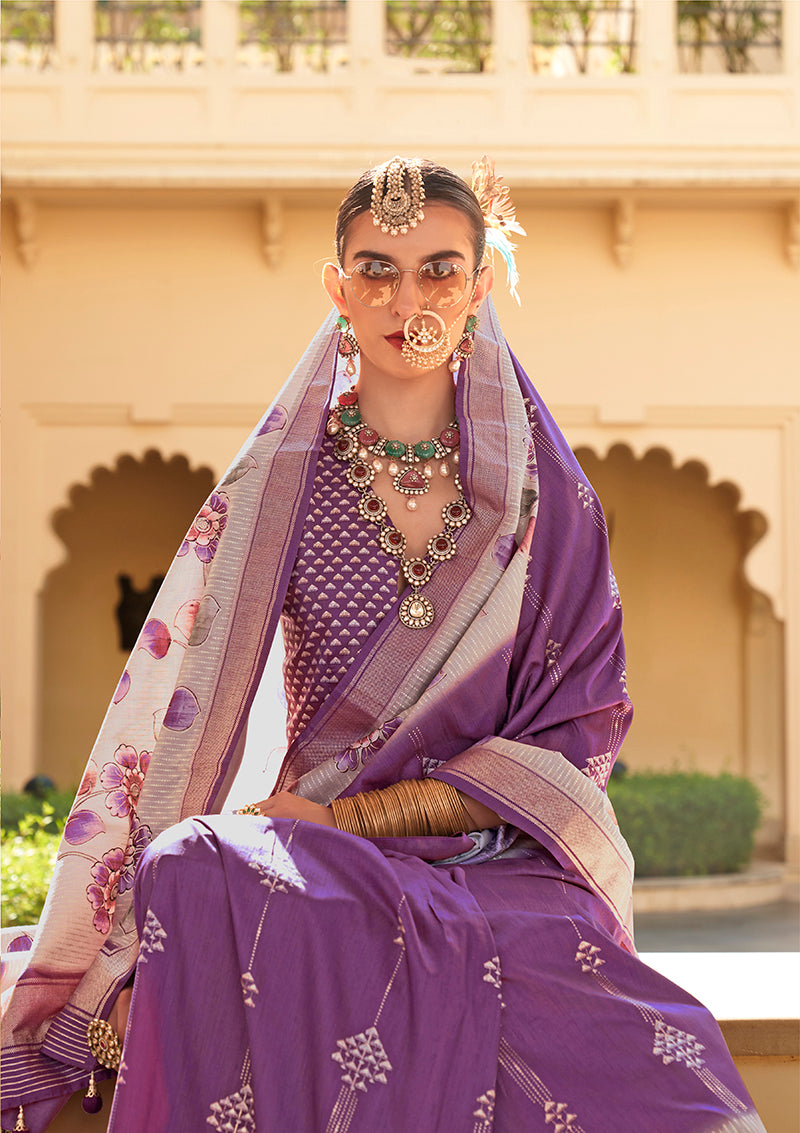 Monjolika Fashion Silk Foil Print Purple Contemporary Saree