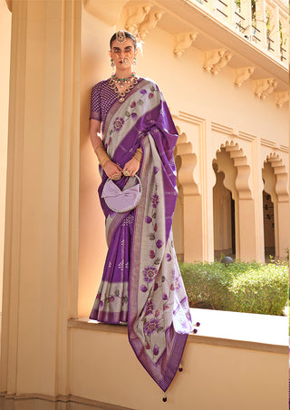 Monjolika Fashion Silk Foil Print Purple Contemporary Saree