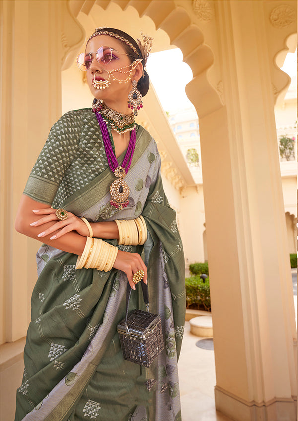 Monjolika Fashion Silk Foil Print Dark Green Contemporary Saree