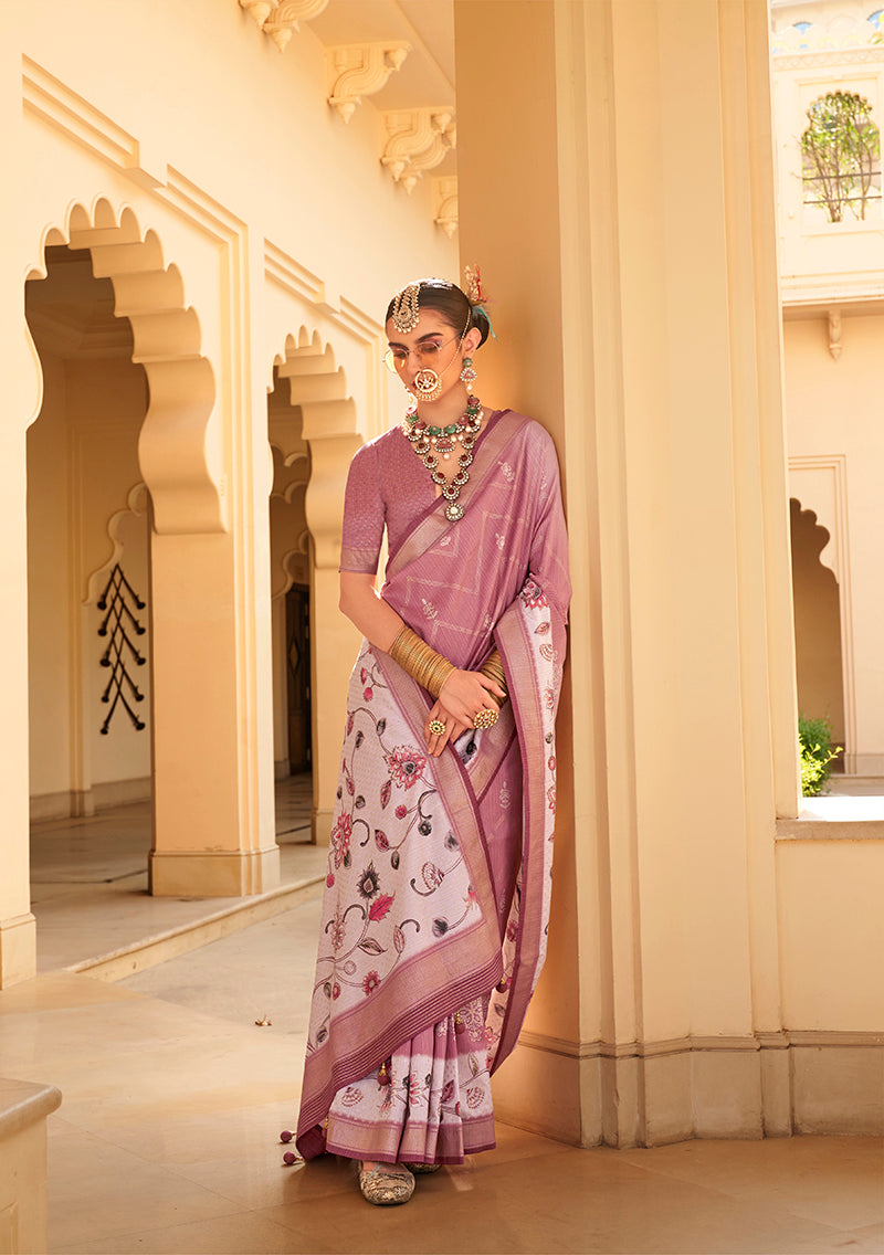 Monjolika Fashion Silk Foil Print Onion Pink Contemporary Saree