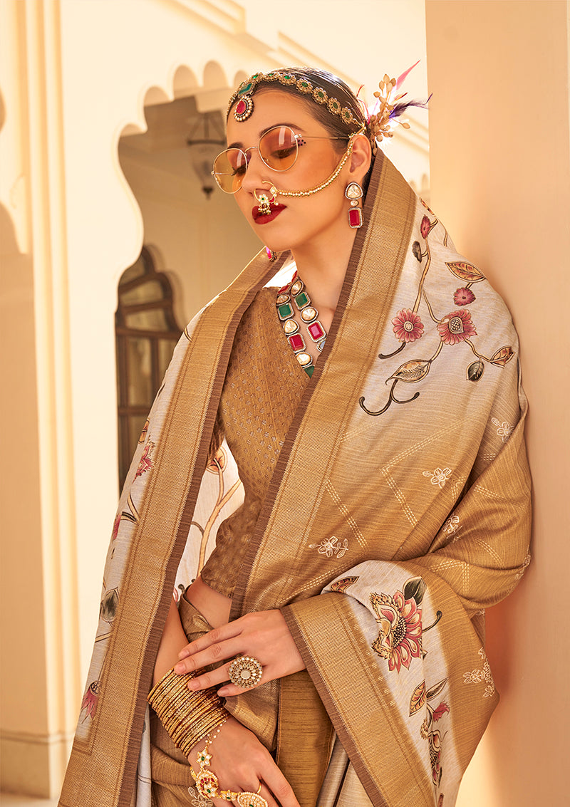 Monjolika Fashion Silk Foil Print Brown Contemporary Saree