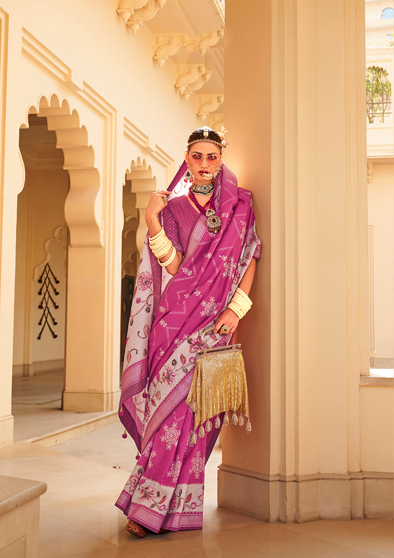 Monjolika Fashion Silk Foil Print Pink Contemporary Saree