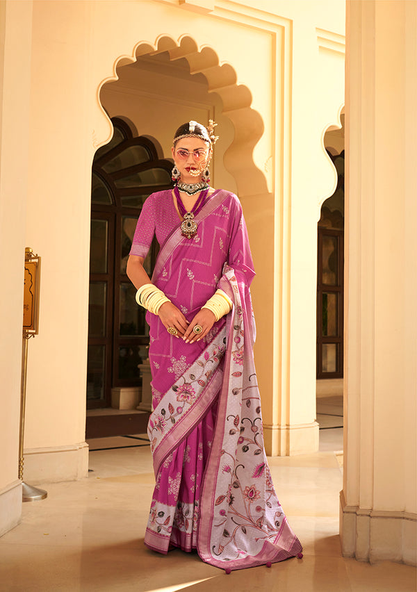 Monjolika Fashion Silk Foil Print Pink Contemporary Saree