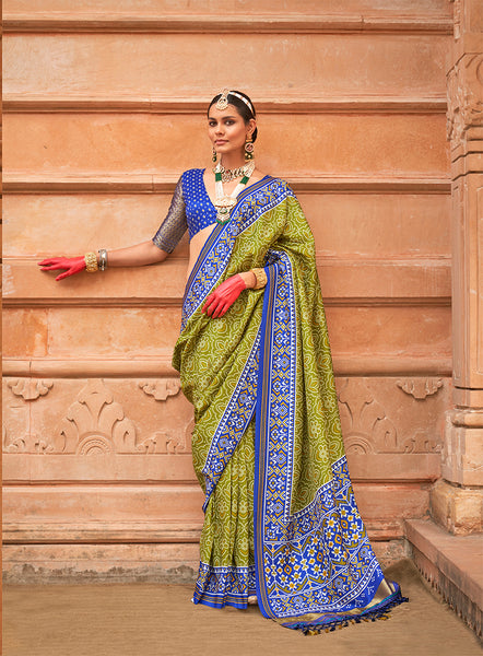 Monjolika Fashion Olive And Blue Patola Print Silk Ceremonial Trendy Saree