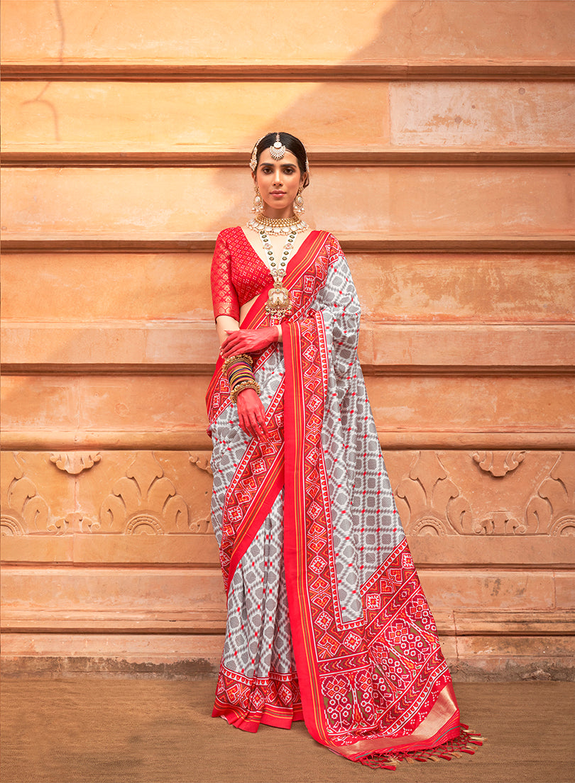 Monjolika Fashion Grey And Red Patola Print Silk Ceremonial Trendy Saree