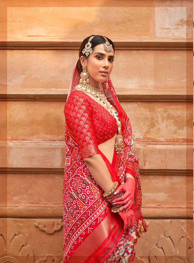 Monjolika Fashion Grey And Red Patola Print Silk Ceremonial Trendy Saree