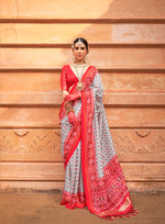 Thumbnail for Monjolika Fashion Grey And Red Patola Print Silk Ceremonial Trendy Saree