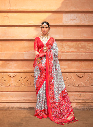 Monjolika Fashion Grey And Red Patola Print Silk Ceremonial Trendy Saree