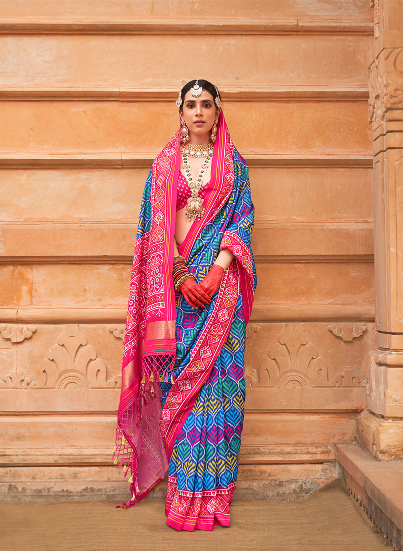 Monjolika Fashion Blue Patola Print Silk Ceremonial Trendy Saree