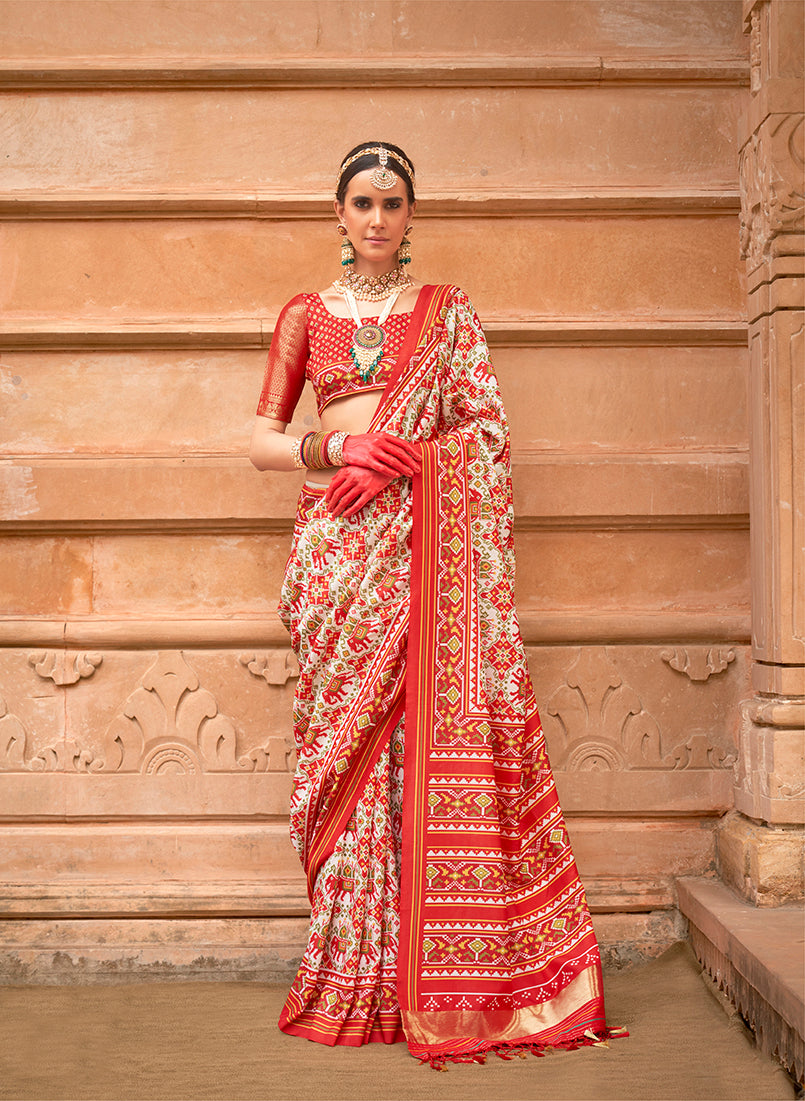 Monjolika Fashion Off White Patola Print Silk Ceremonial Trendy Saree