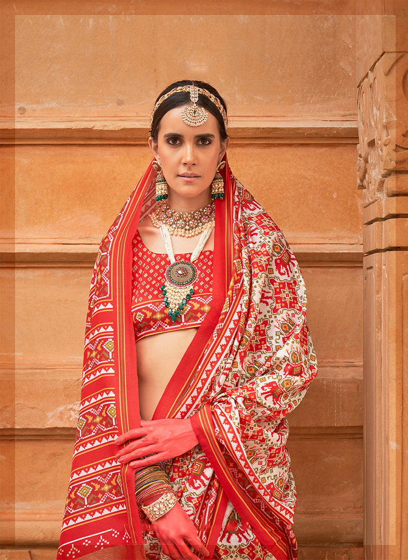 Monjolika Fashion Off White Patola Print Silk Ceremonial Trendy Saree