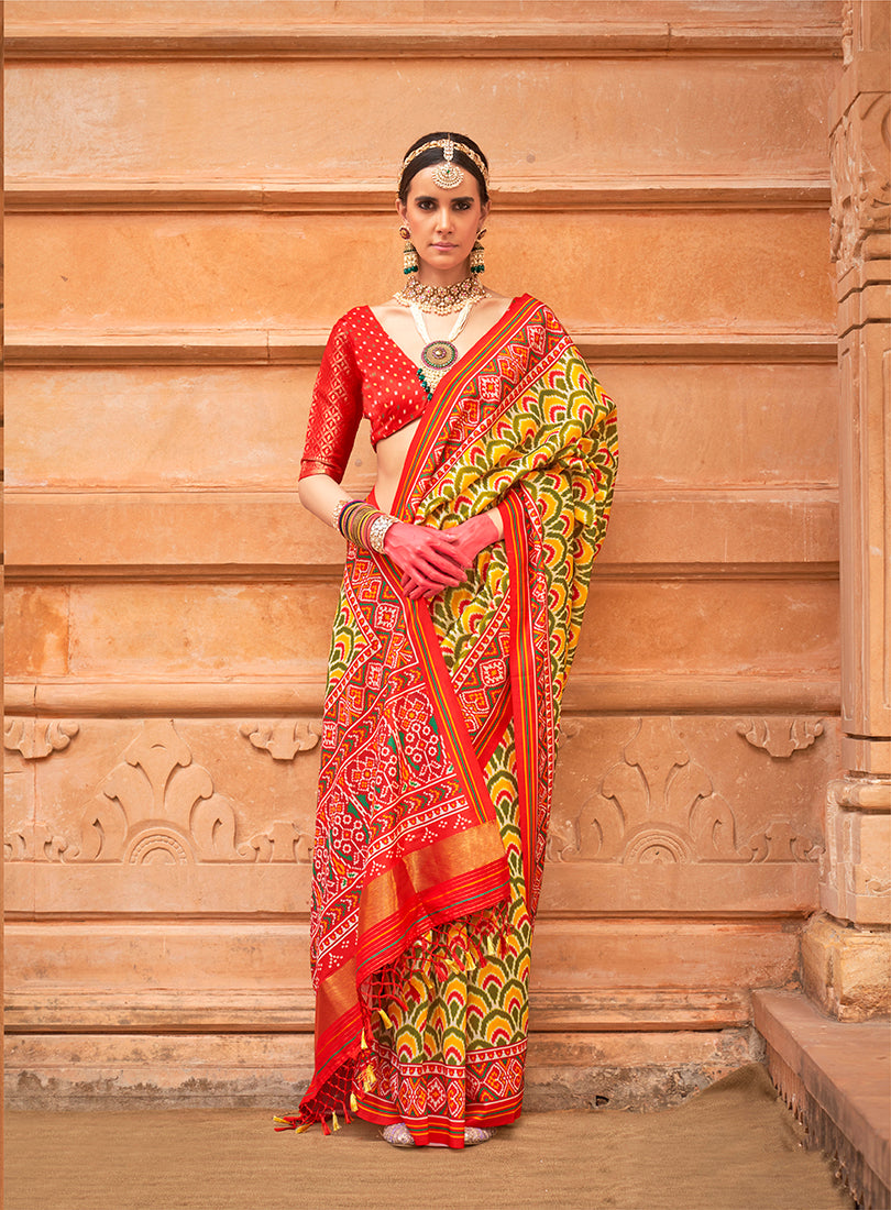 Monjolika Fashion Mustard Patola Print Silk Ceremonial Trendy Saree