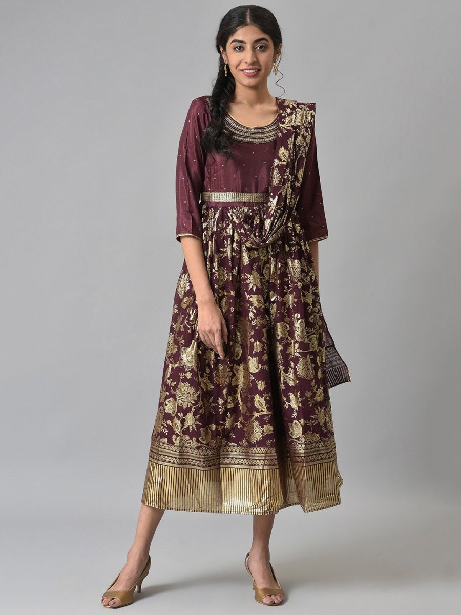 AURELIA Brown Ethnic Motifs A-Line Midi Dress - Distacart