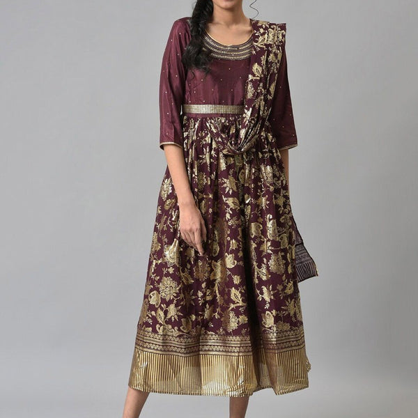 AURELIA Brown Ethnic Motifs A-Line Midi Dress - Distacart