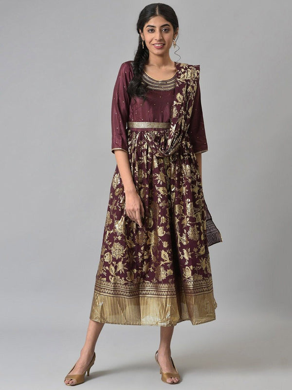 AURELIA Brown Ethnic Motifs A-Line Midi Dress