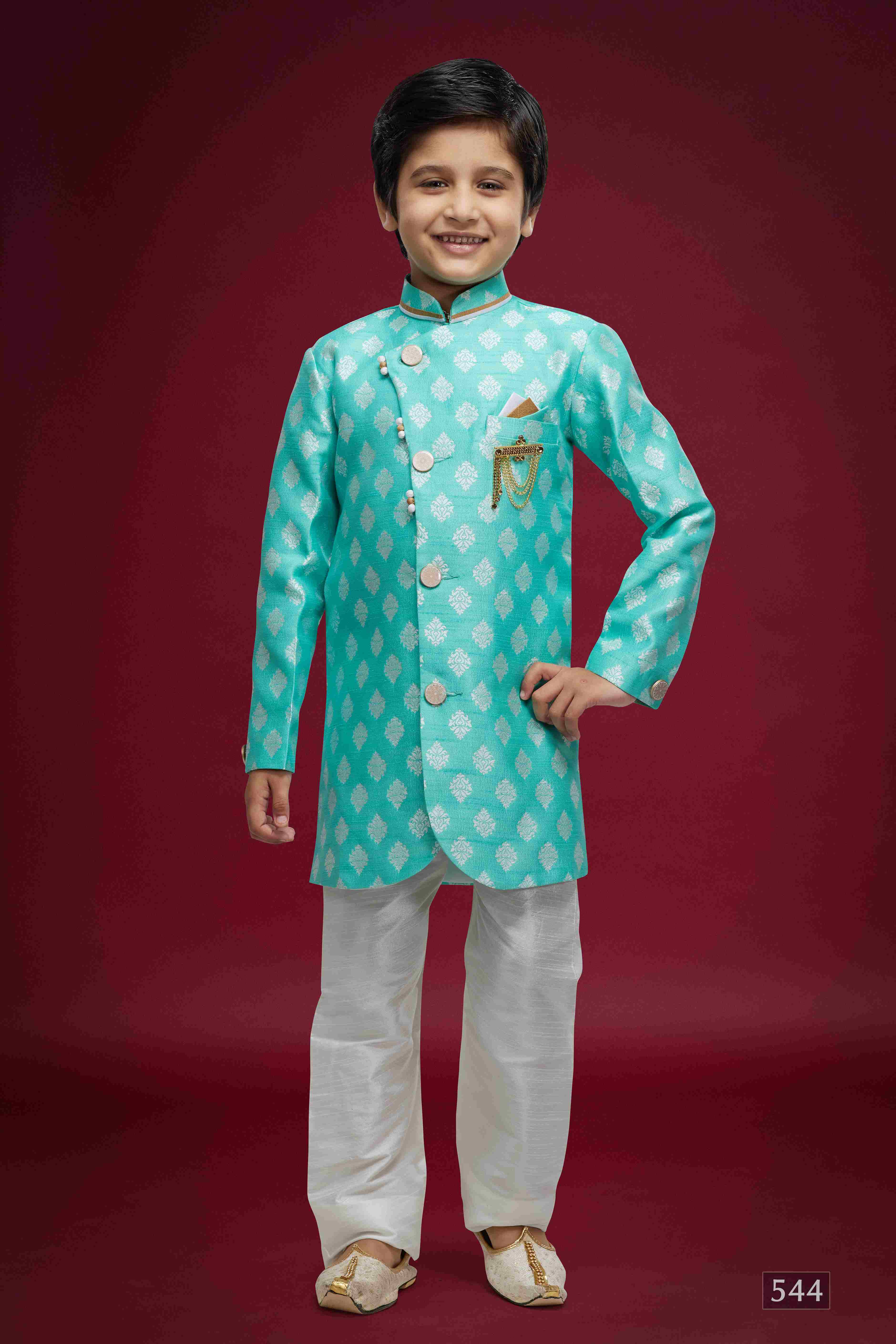 Raivat Ethnic Kids Banarasi Jacquard Woven Work Semi Indo Western Set Sky Blue Colour - Distacart
