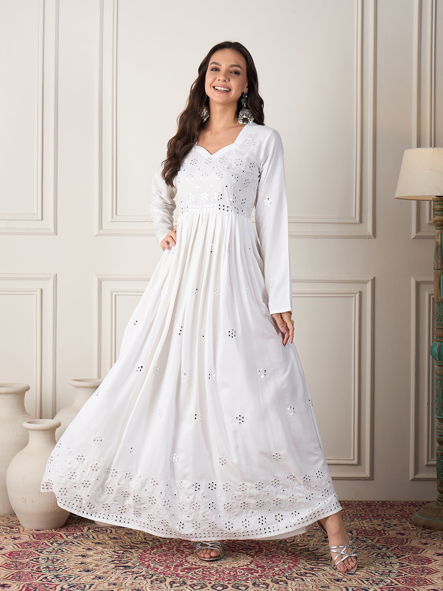 InWeave White Mirror Work Long Anarkali Kurta