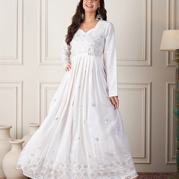 InWeave White Mirror Work Long Anarkali Kurta - Distacart