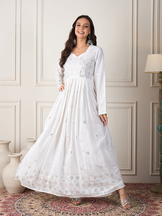 InWeave White Mirror Work Long Anarkali Kurta