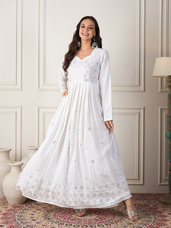 InWeave White Mirror Work Long Anarkali Kurta