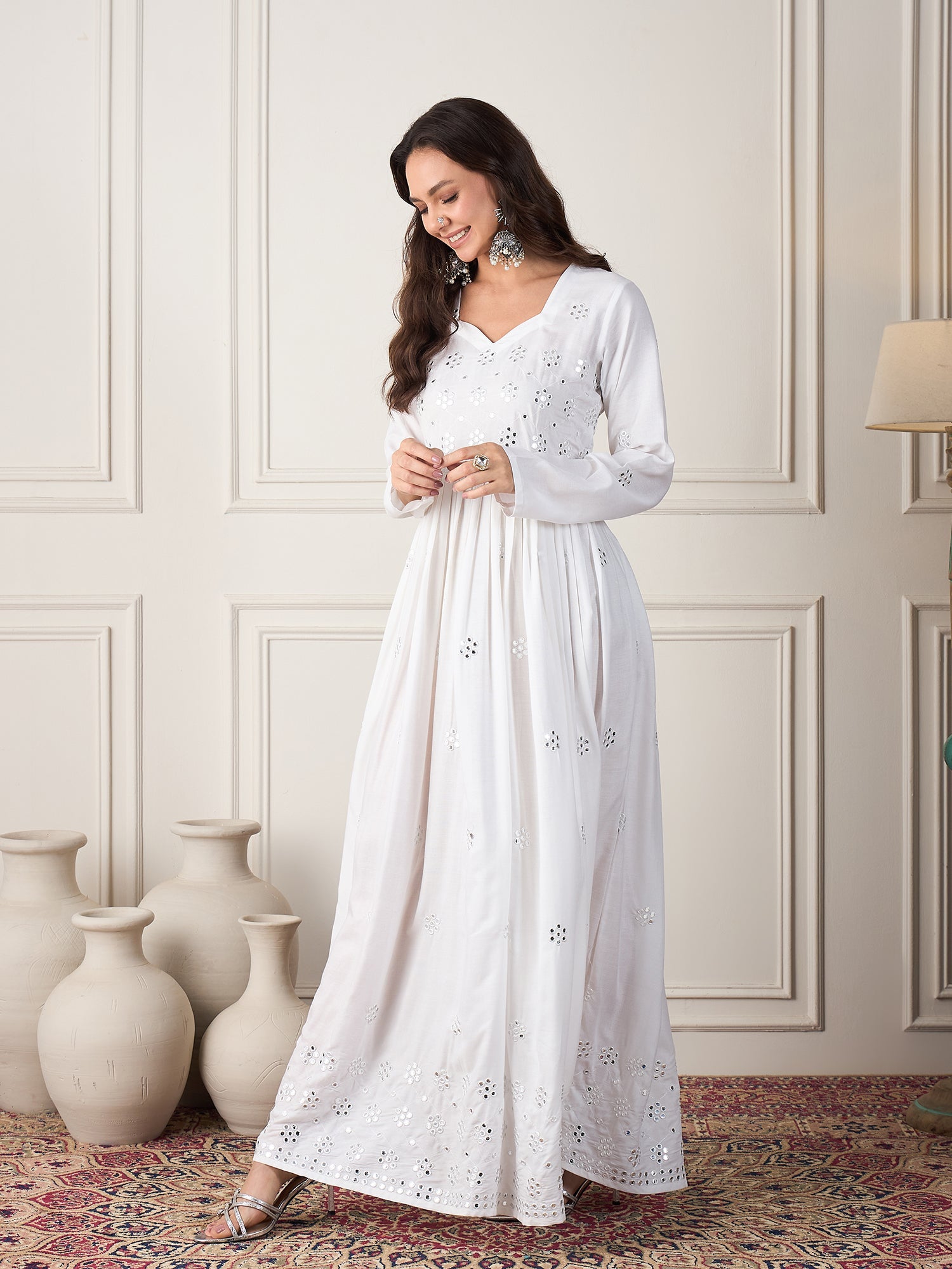 InWeave White Mirror Work Long Anarkali Kurta - Distacart