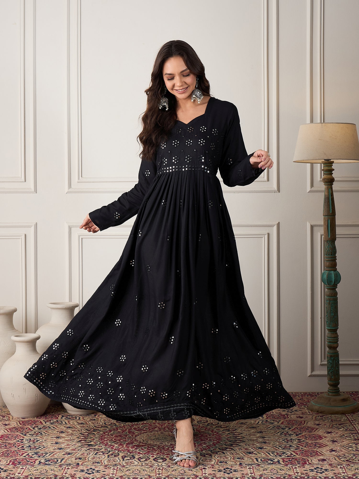 InWeave Black Mirror Work Long Anarkali Kurta - Distacart