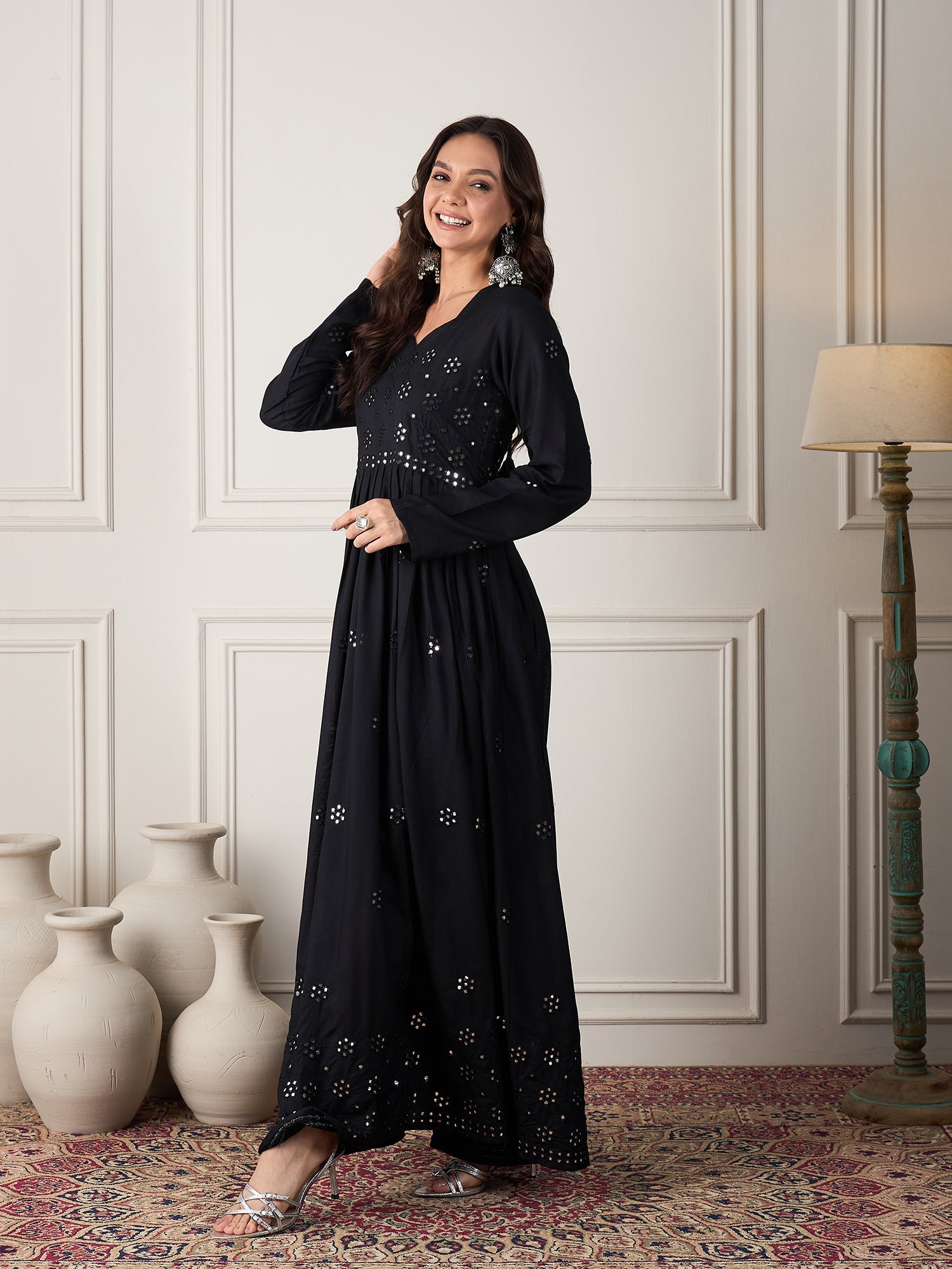 InWeave Black Mirror Work Long Anarkali Kurta - Distacart