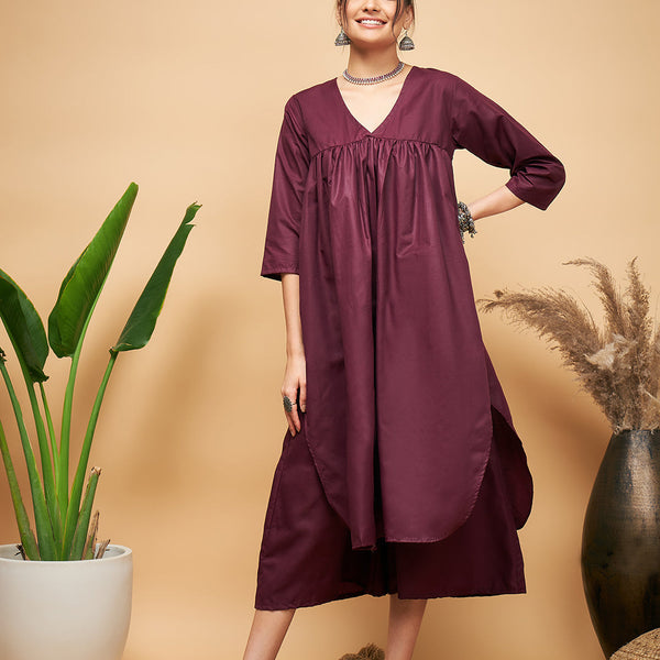 InWeave Wine Solid Flared Kurta - Distacart
