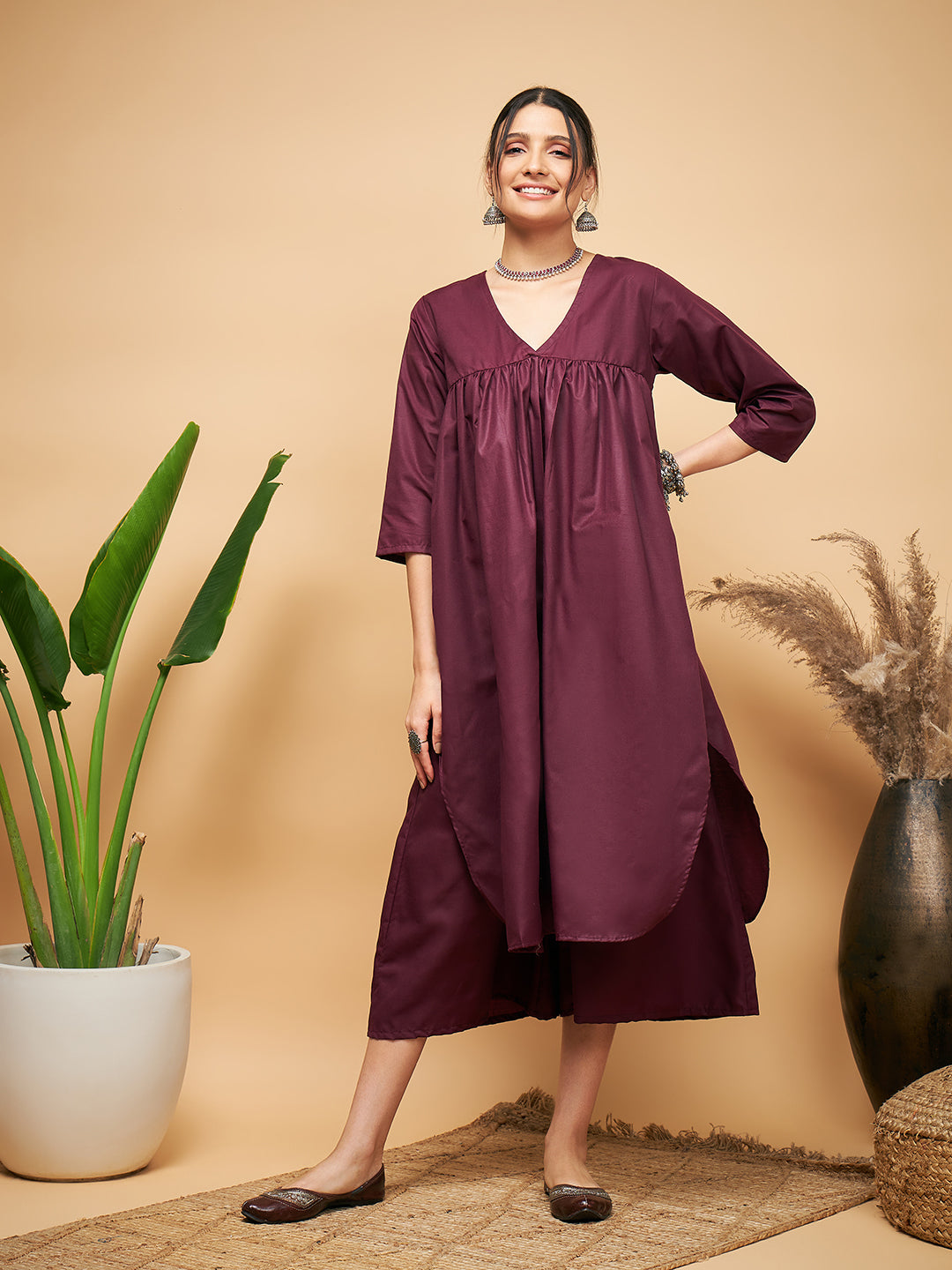 InWeave Wine Solid Flared Kurta - Distacart