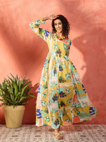 Thumbnail for InWeave Lime Green Leaf Sweetheart Neck Long Anarkali Kurta