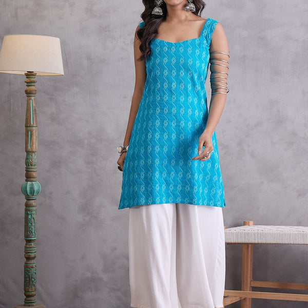 InWeave Cyan Blue Ikkat Kantha Kurta - Distacart