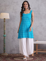 Thumbnail for InWeave Cyan Blue Ikkat Kantha Kurta