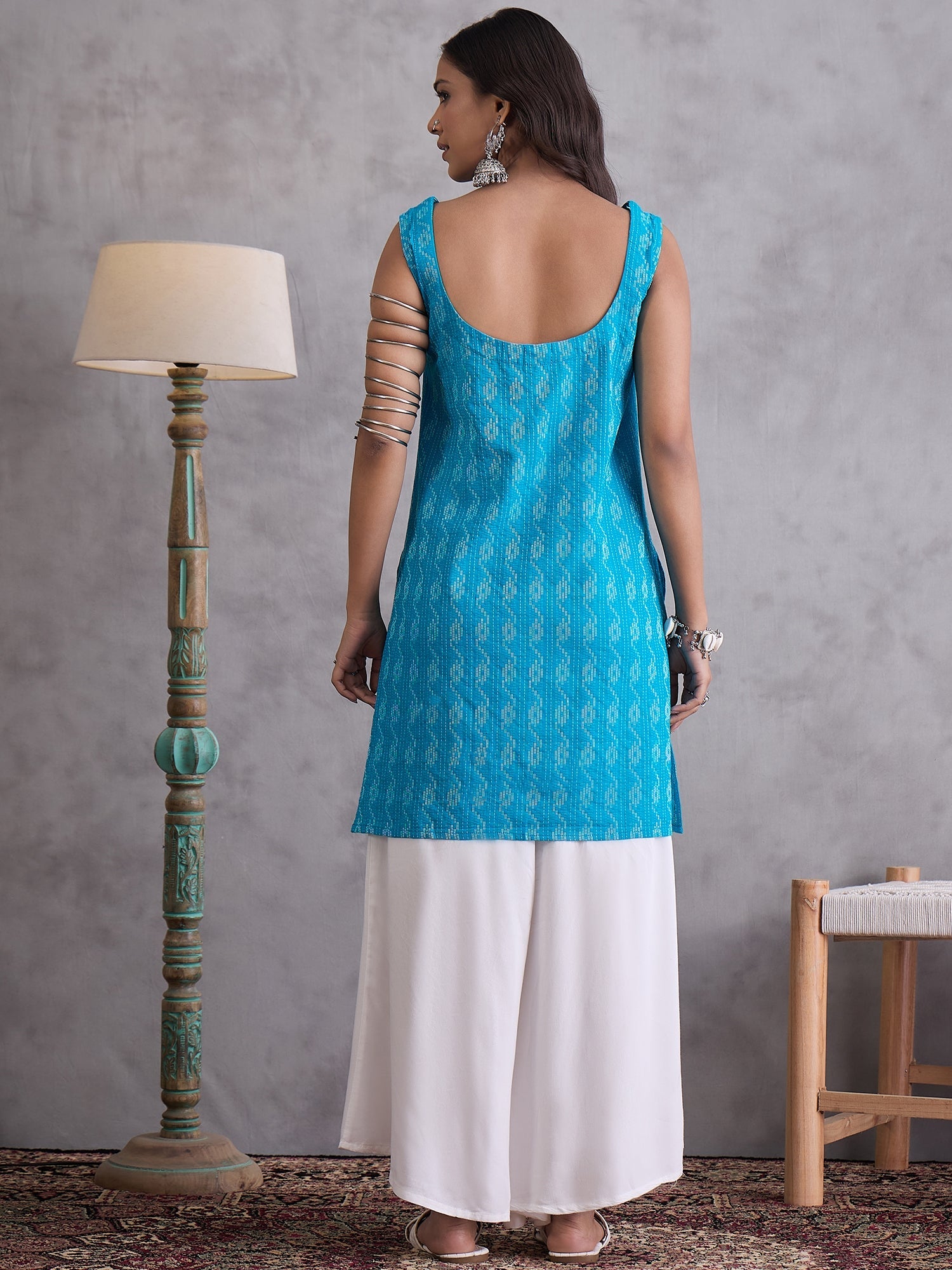 InWeave Cyan Blue Ikkat Kantha Kurta