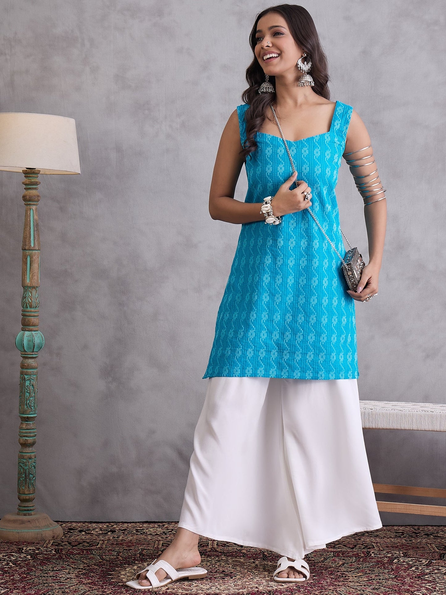 InWeave Cyan Blue Ikkat Kantha Kurta - Distacart