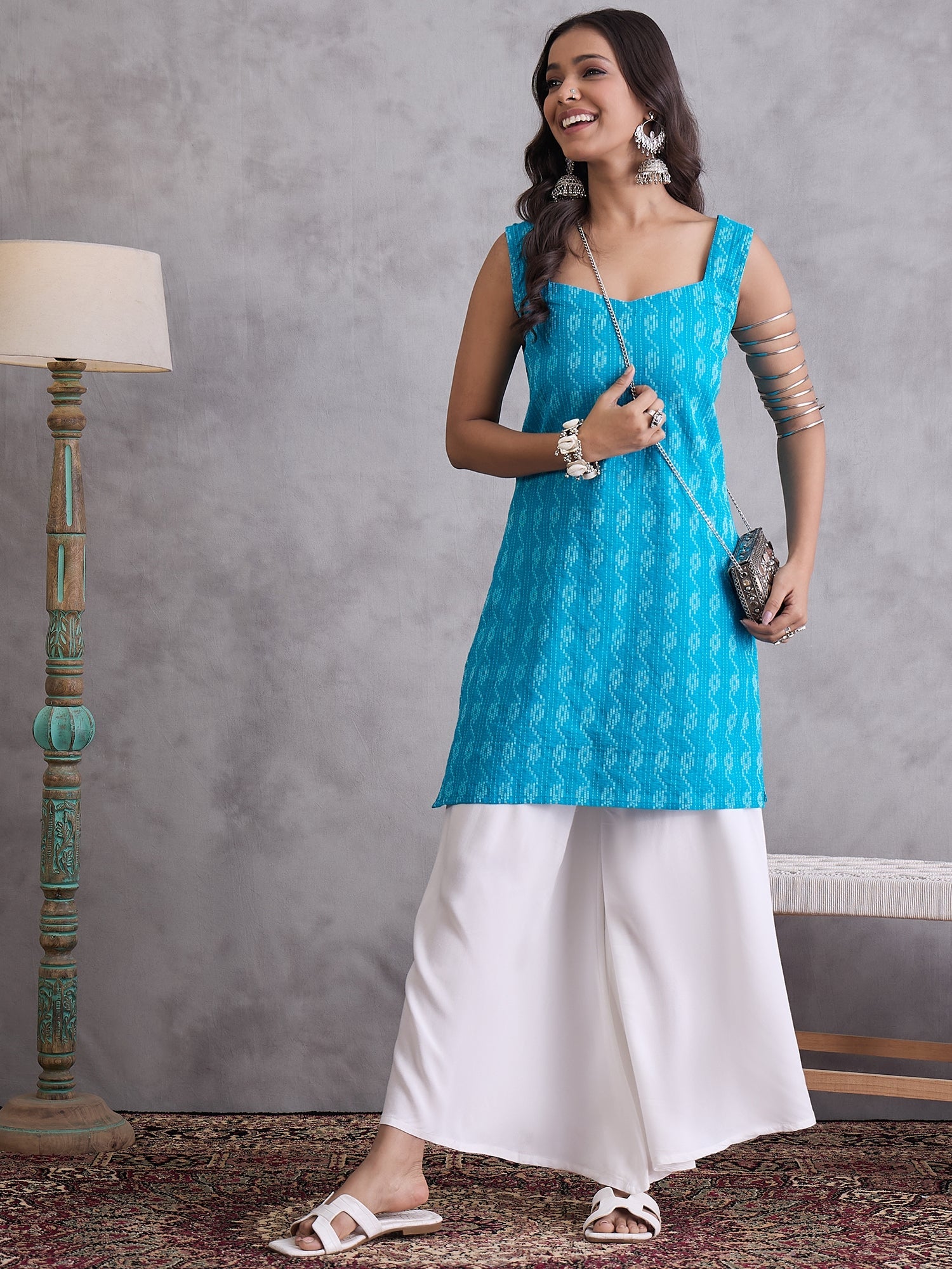 InWeave Cyan Blue Ikkat Kantha Kurta - Distacart