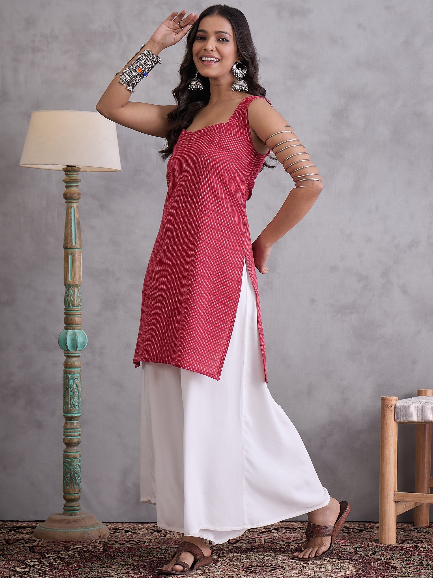 InWeave Maroon Kantha Striped Kurta - Distacart