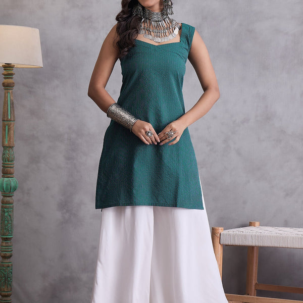 InWeave Emerald Green Kantha Striped Kurta - Distacart