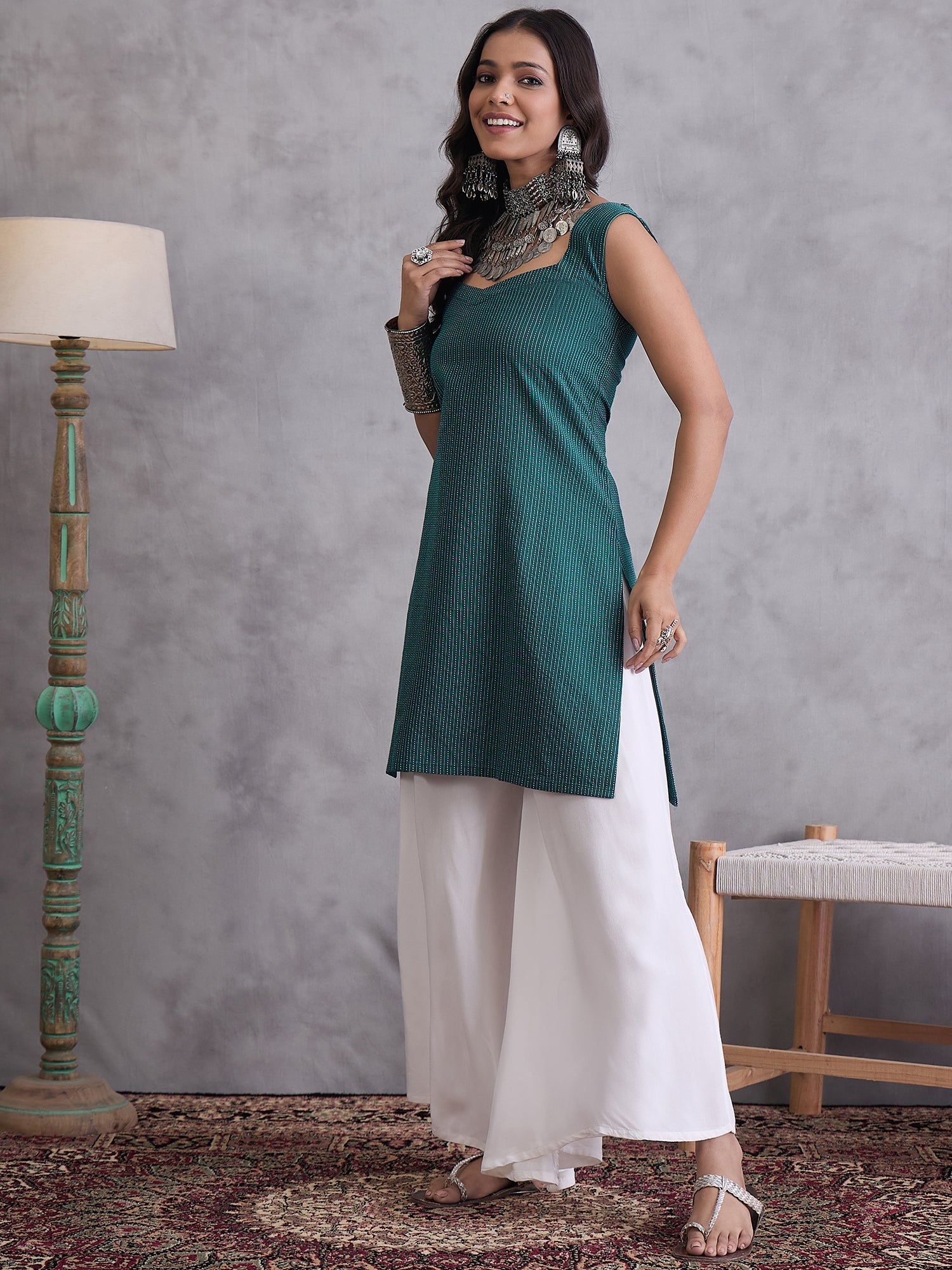 InWeave Emerald Green Kantha Striped Kurta - Distacart