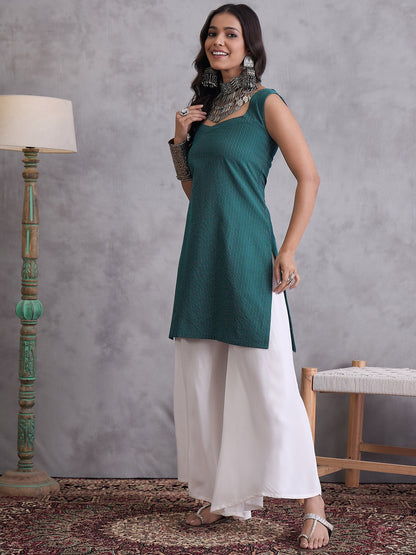 InWeave Emerald Green Kantha Striped Kurta - Distacart