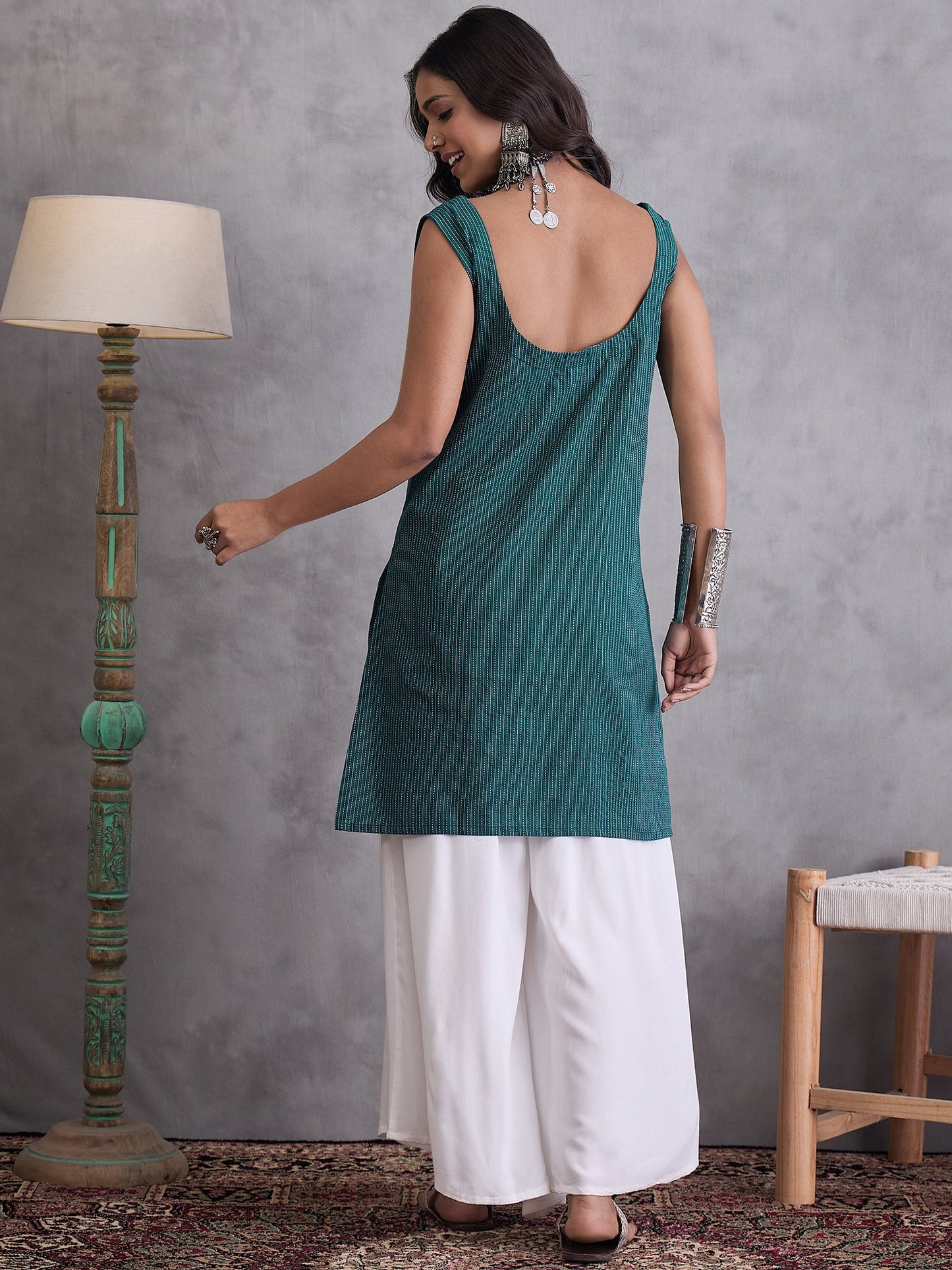 InWeave Emerald Green Kantha Striped Kurta - Distacart