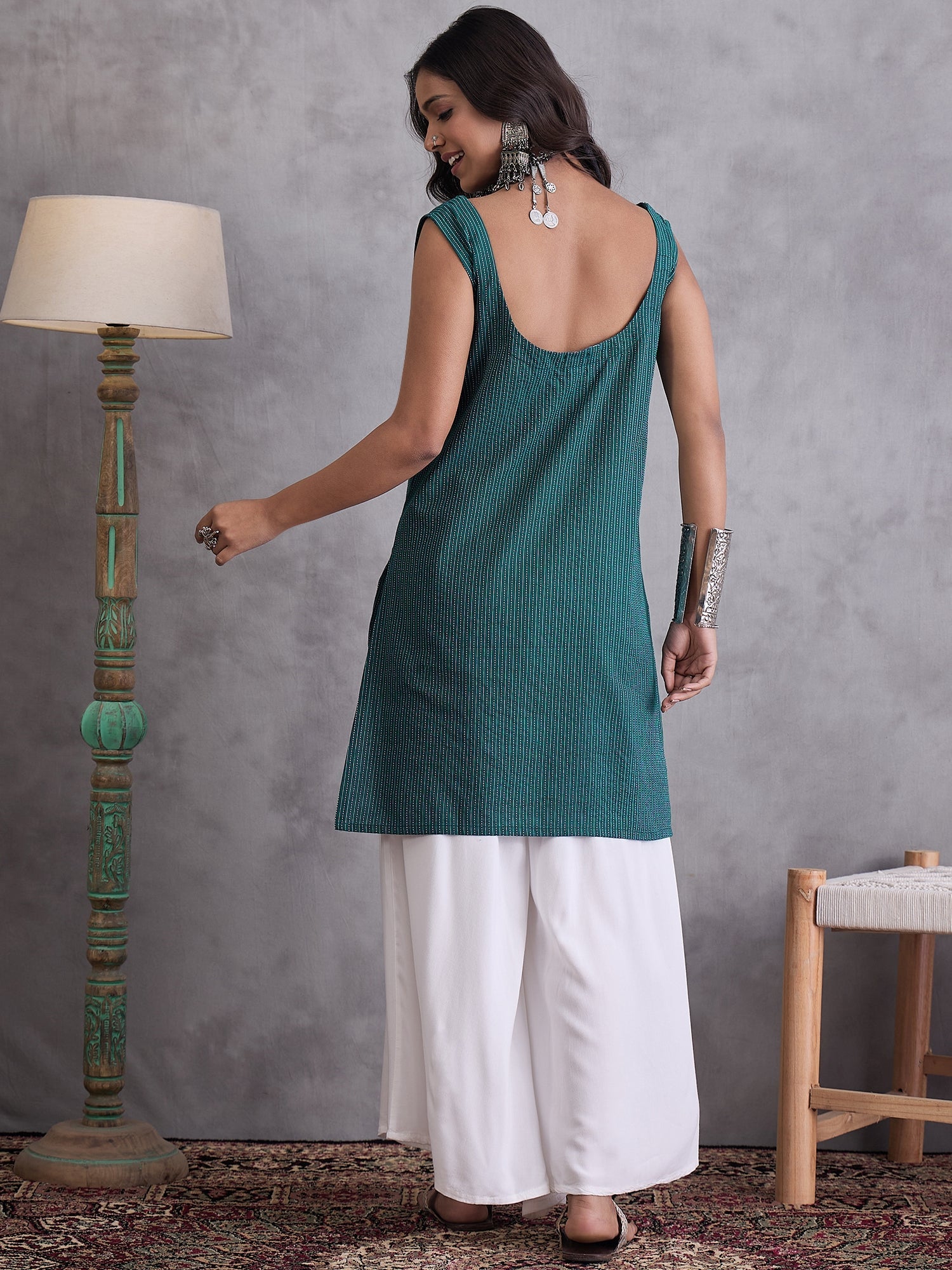 InWeave Emerald Green Kantha Striped Kurta - Distacart
