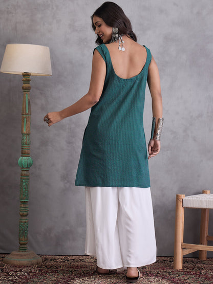 InWeave Emerald Green Kantha Striped Kurta - Distacart