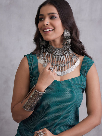 InWeave Emerald Green Kantha Striped Kurta - Distacart