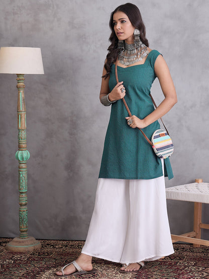 InWeave Emerald Green Kantha Striped Kurta - Distacart
