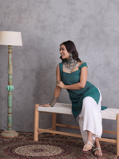 InWeave Emerald Green Kantha Striped Kurta - Distacart