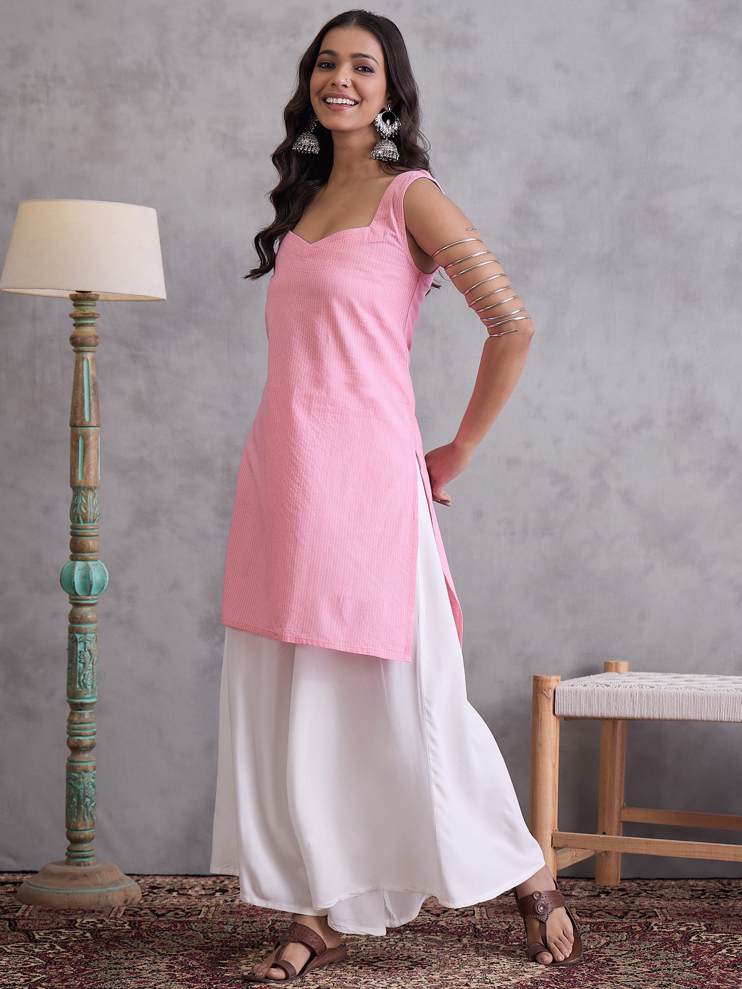 InWeave Pink Kantha Striped Kurta - Distacart