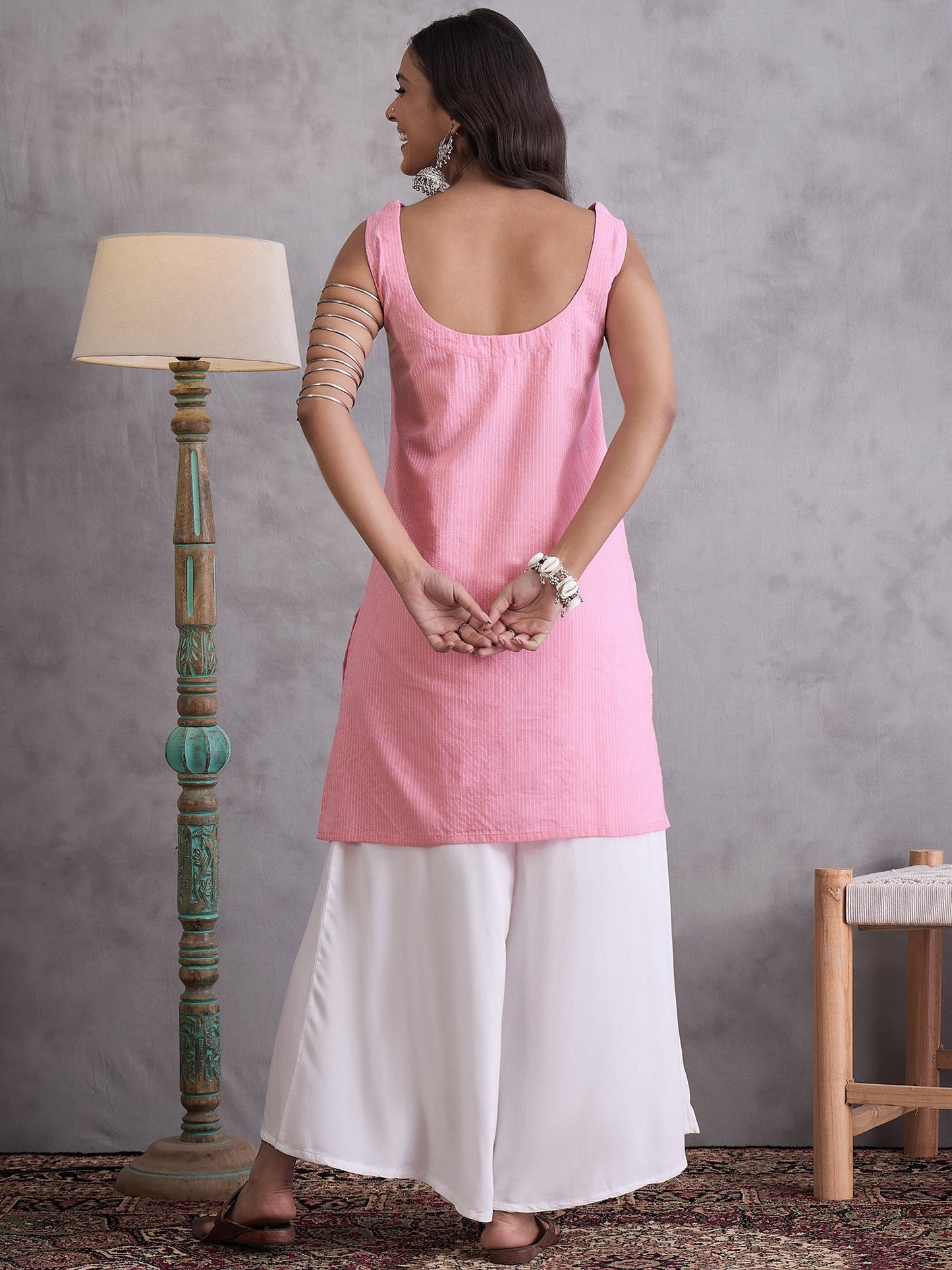 InWeave Pink Kantha Striped Kurta - Distacart